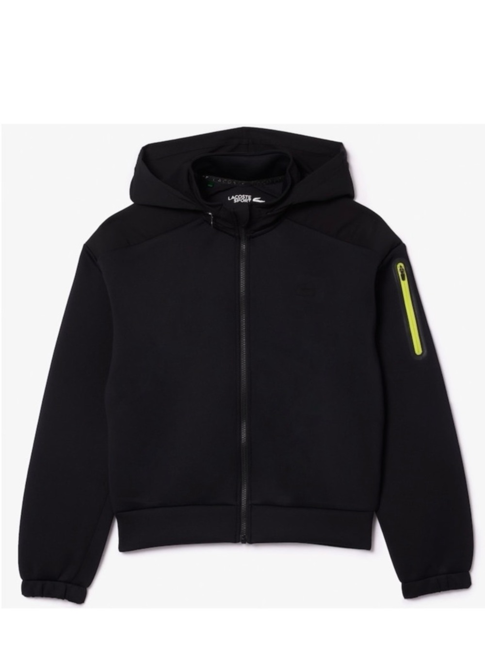 Lacoste women Black Hoodie with Neon Yellow Zip Accent and hidden hood in collar